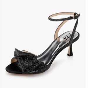 FYS Black Cute Rhinestones Bow Peep Toe High Heel Ankle Strap Satin Sandals